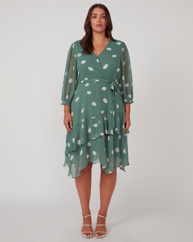 Front of a model wearing a size 18W Begin Again Asymm 3/4 Dress in Dark Sage/Milk by Estelle. | dia_product_style_image_id:344459